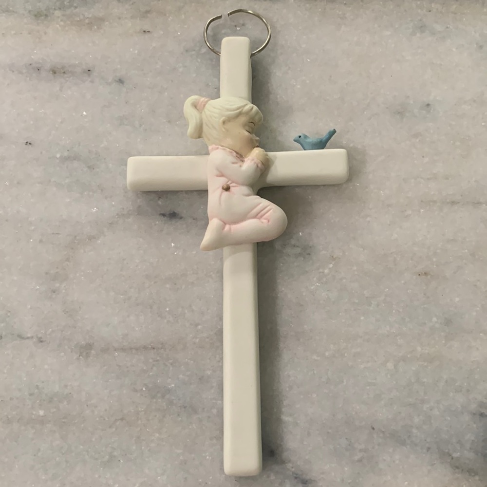 Adorable Ceramic Cross Praying Girl with Bird